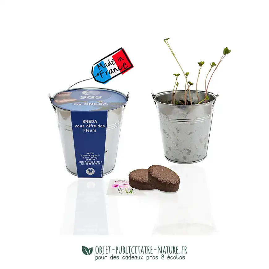 Kit de plantation publicitaire dans pot zinc 10cm avec fourreau personnalisable