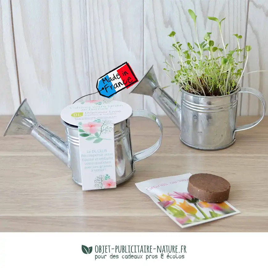 Kit de plantation arrosoir en zinc personnalisable avec graines au choix