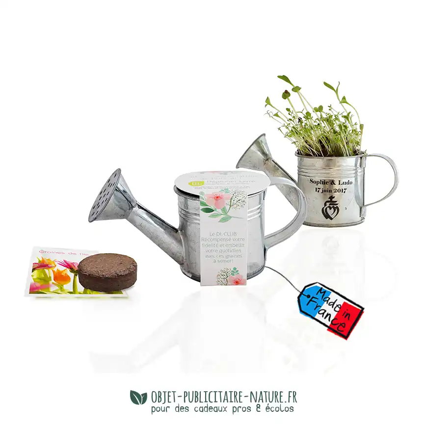 Kit de plantation arrosoir en zinc publicitaire à personnaliser avec graines au choix