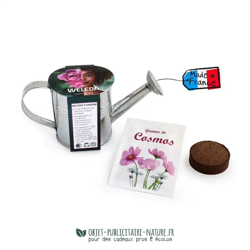 Kit de plantation arrosoir en zinc publicitaire personnalisable avec graines au choix