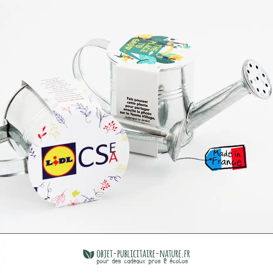 Kit de plantation arrosoir en zinc publicitaire personnalisé avec graines au choix