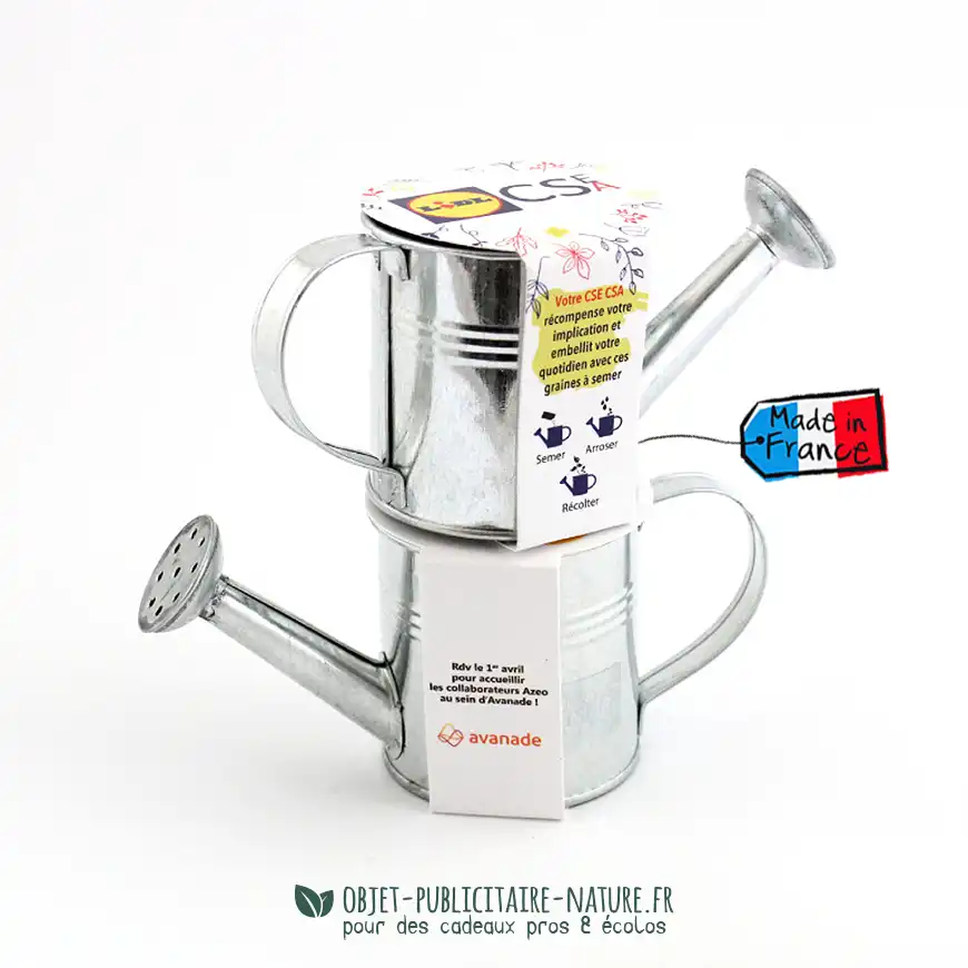 Kit de plantation arrosoir en zinc publicitaire personnalisé avec graines au choix