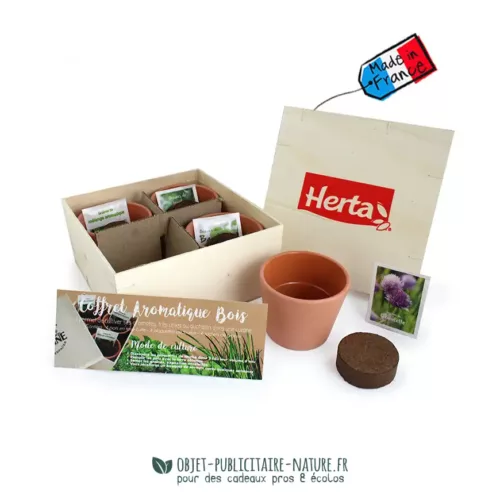 Coffret cadeau publicitaire avec 4 aromatiques en pot de terre cuite personnalisable