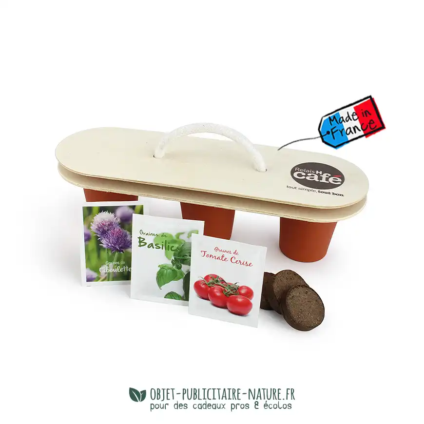Kit de plantation personnalisable avec 3 pots terre cuite et support bois