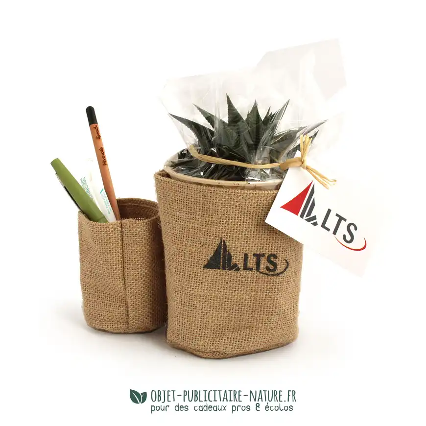 Plante dépolluante en pot double toile de jute personnalisable