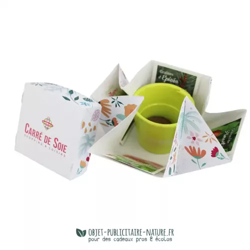Kit de plantation avec pot en céramique vert dans boîte surprise publicitaire