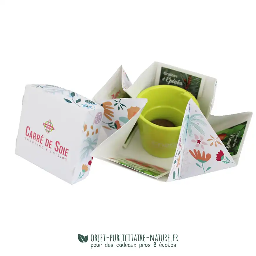 Kit de plantation avec pot en céramique vert dans boîte surprise publicitaire