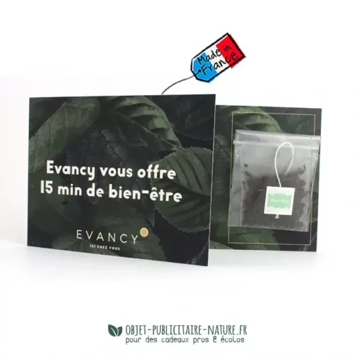 Carte de voeux publicitaire personnalisable avec sachet de thé bio au format 21x10cm