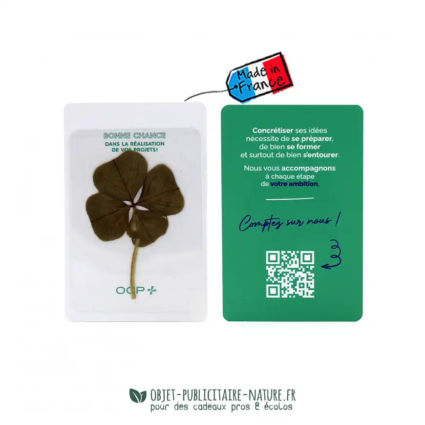 Carte de voeux publicitaire avec trèfle à 4 feuilles véritable à personnaliser