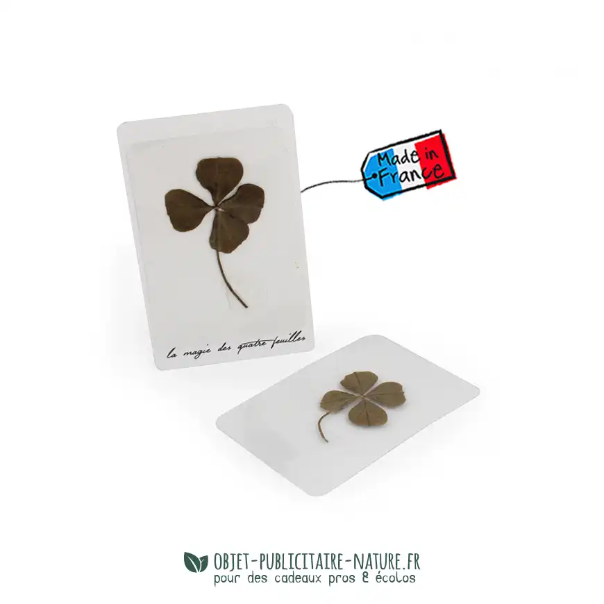 Carte de voeux publicitaire avec trèfle à 4 feuilles véritable personnalisable