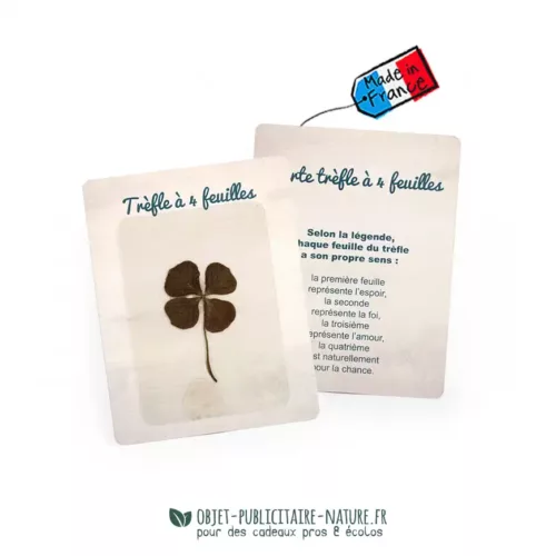 Carte de voeux publicitaire avec trèfle à 4 feuilles véritable personnalisable