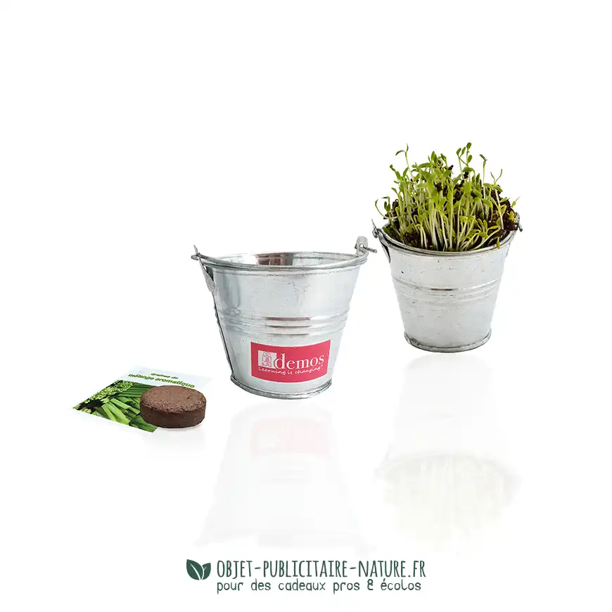 Kit de plantation publicitaire dans pot zinc de 7cm avec fourreau personnalisable