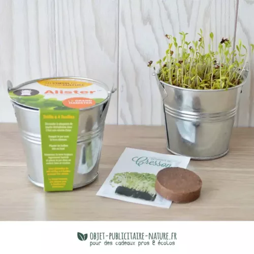 Kit de plantation publicitaire dans pot en zinc de 8cm avec fourreau à personnaliser
