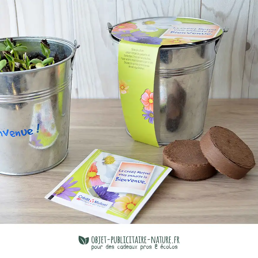 Kit de plantation publicitaire dans pot en zinc de 8cm avec fourreau à personnaliser