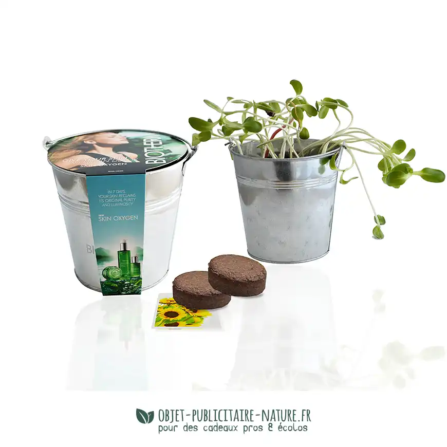 Kit de plantation dans pot en zinc de 12cm avec fourreau publicitaire