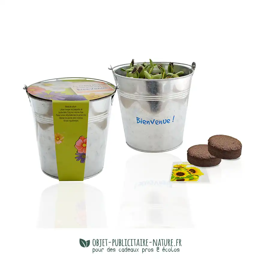 Kit de plantation publicitaire dans pot en zinc de 12cm avec fourreau personnalisable