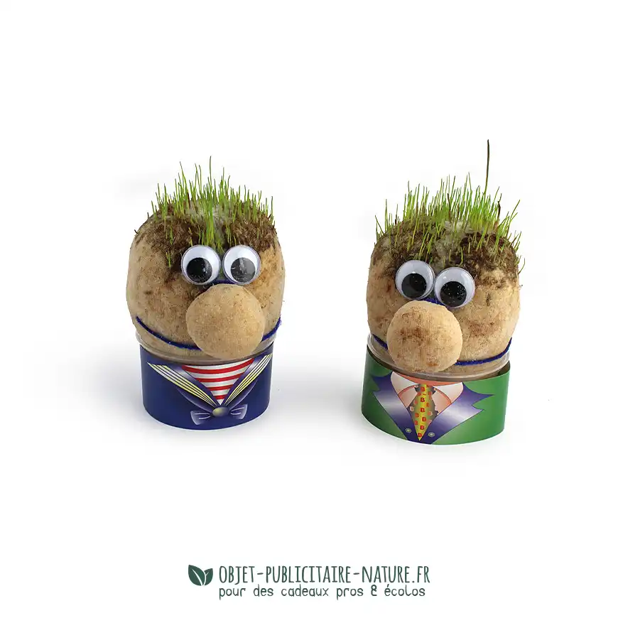 Tête avec graines de gazon avec boite publicitaire personnalisable