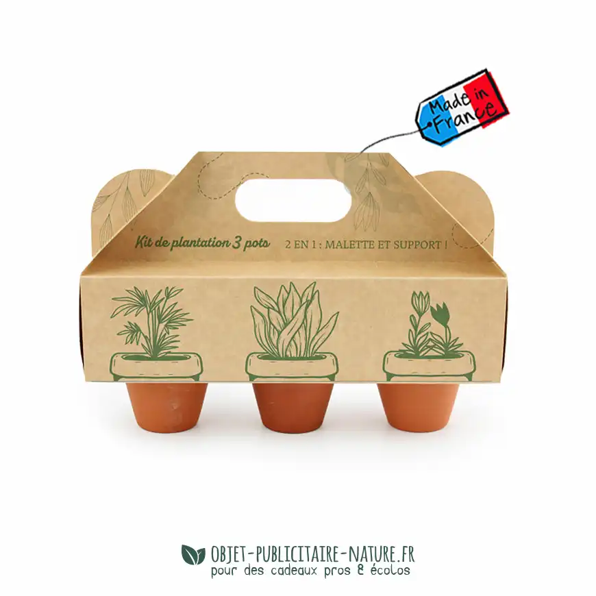 Kit de plantation publicitaire présentoir 3 pots personnalisable