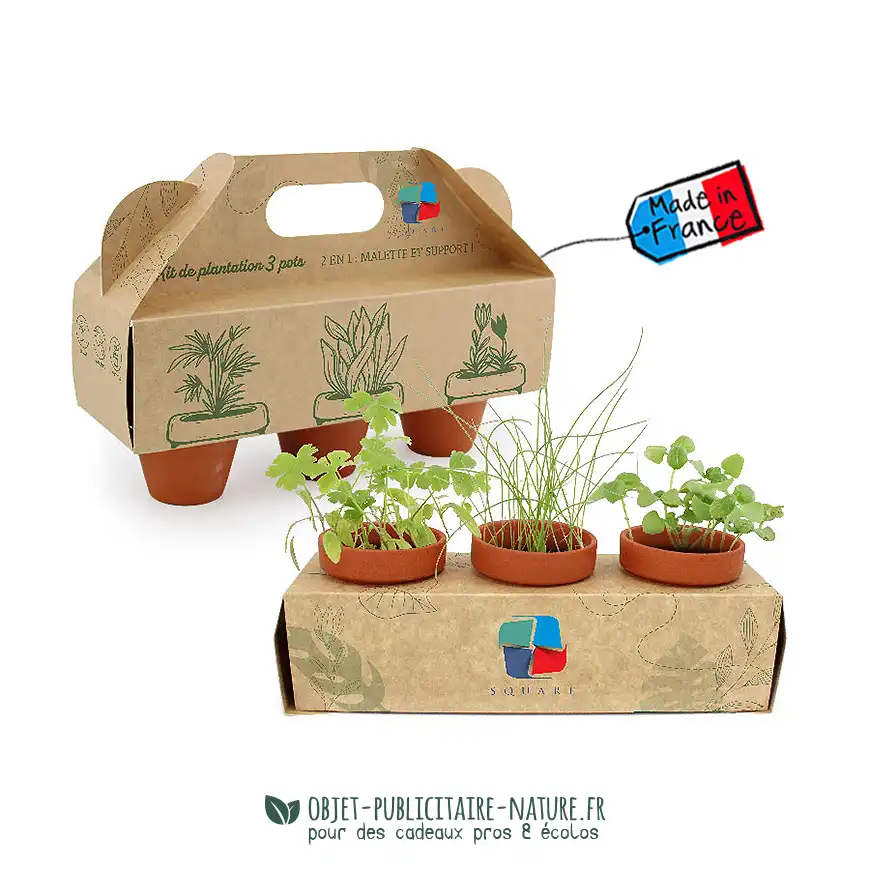 Kit de plantation publicitaire présentoir 3 pots personnalisé