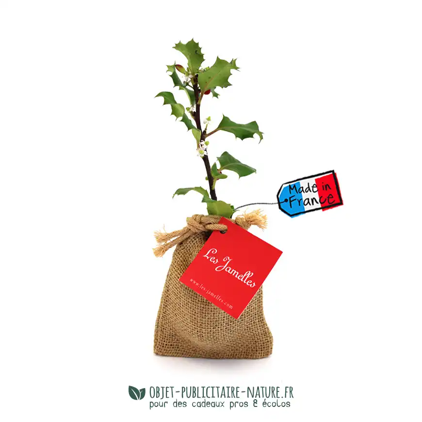 Petit olivier publicitaire en pochon toile de jute à personnaliser