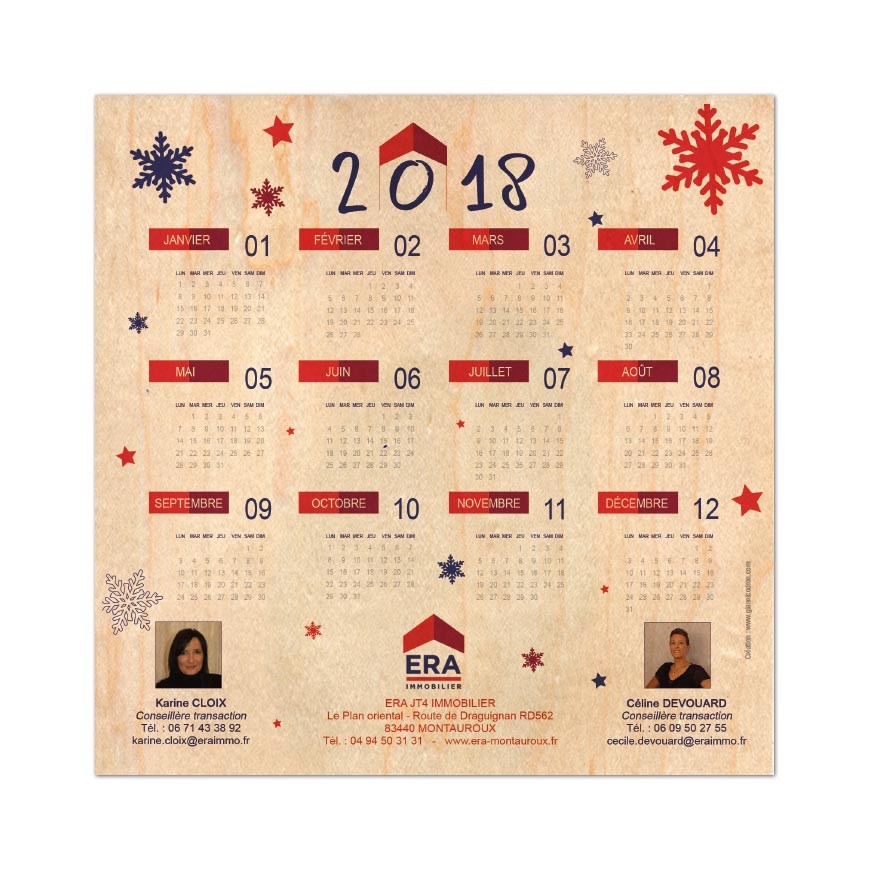 Carte voeux et calendrier en bois format carré 145x145mm