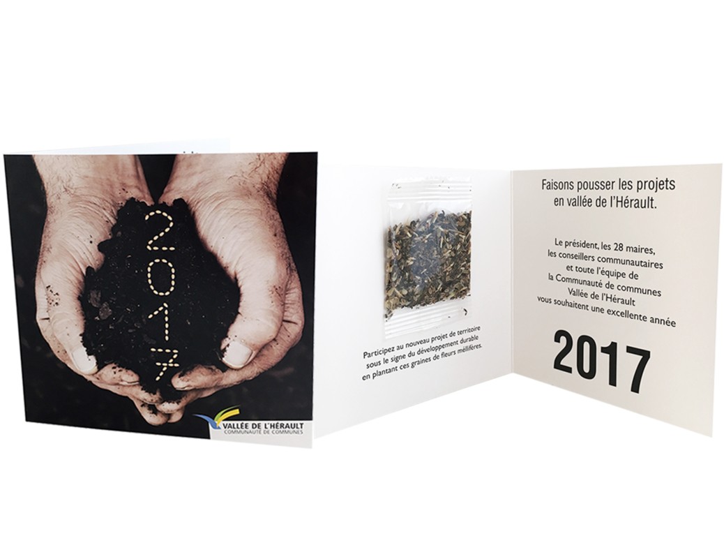 Carte voeux carrée 2 volets avec sachet de graines transparent
