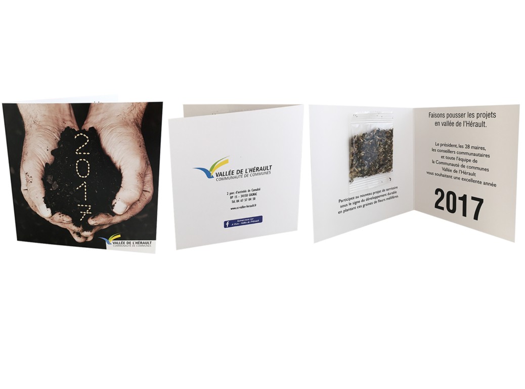 Carte voeux carrée 2 volets avec sachet de graines transparent