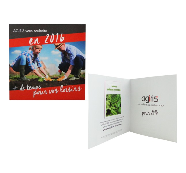 Carte voeux carrée 2 volets avec sachet de graines transparent