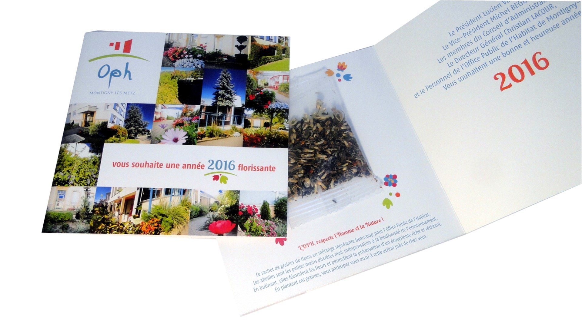 Carte voeux carrée 2 volets avec sachet de graines transparent