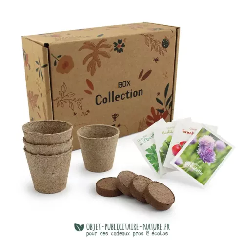 Coffret cadeau publicitaire pour jardinage avec pots compostables