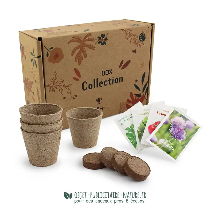 Coffret cadeau publicitaire pour jardinage avec pots compostables