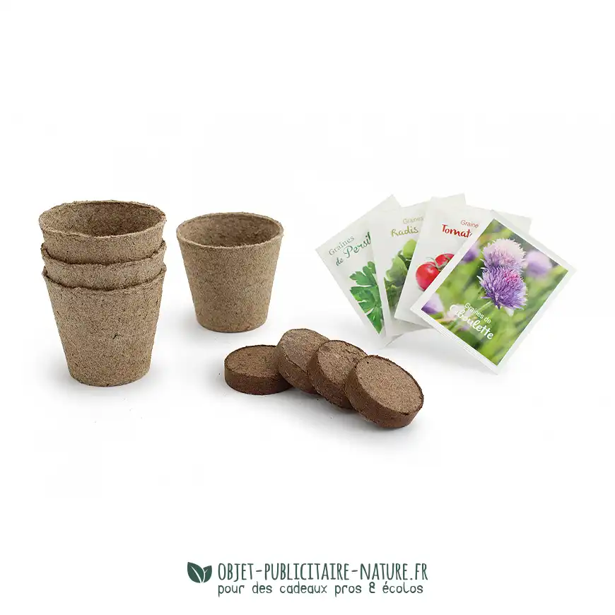 Coffret cadeau publicitaire personnalisable pour jardinage avec des pots compostables