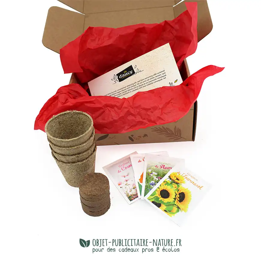 Coffret cadeau publicitaire à personnaliser pour jardinage avec des pots compostables