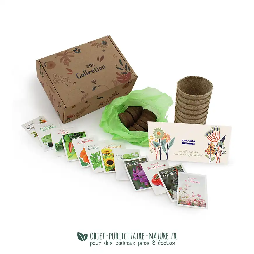Coffret cadeau publicitaire pour jardinage avec pots compostables grand format