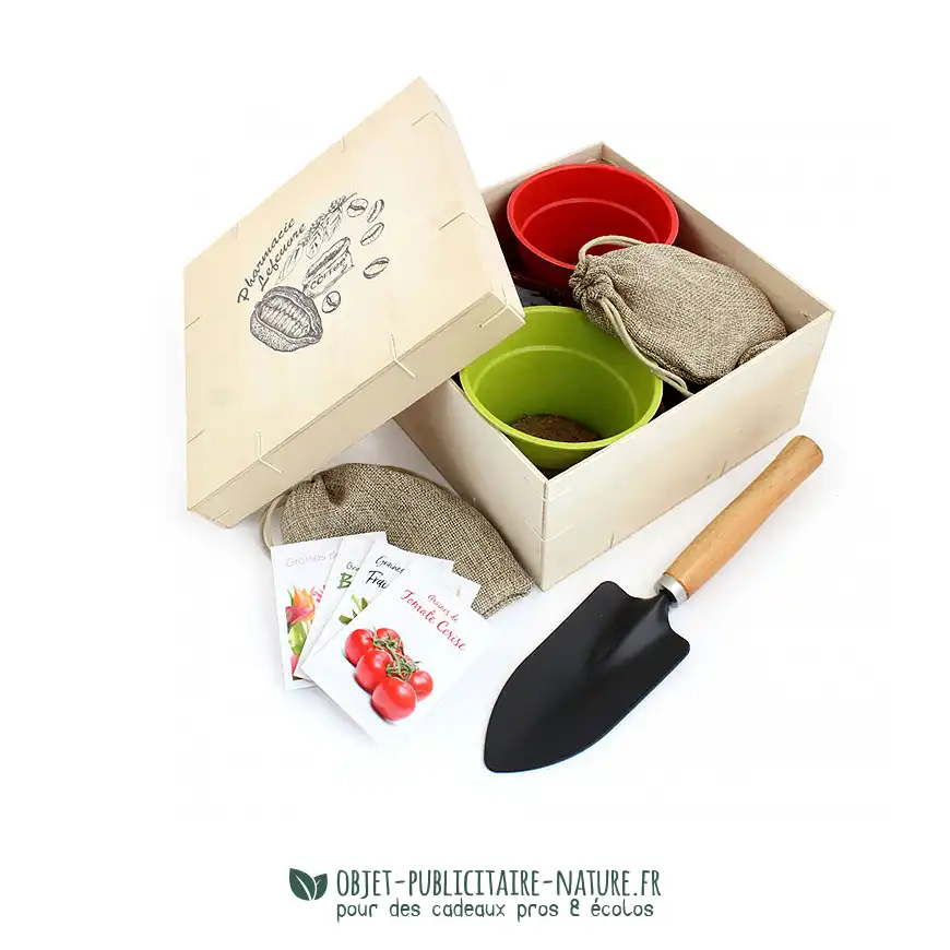 Coffret cadeau jardinage dans boîte en bois personnalisable