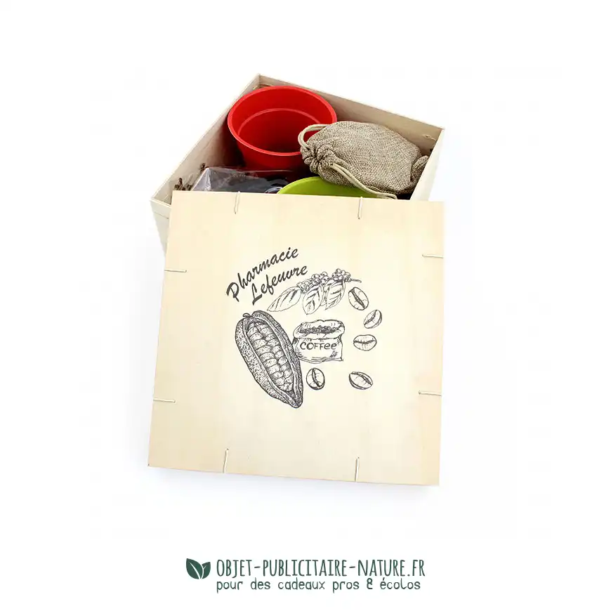 Coffret cadeau jardinage publicitaire dans boîte en bois personnalisable