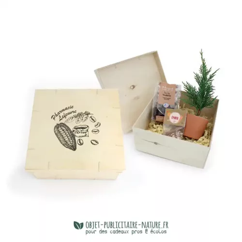 Coffret publicitaire personnalisable avec sapin, sachet de chocolats et épices pour vin chaud