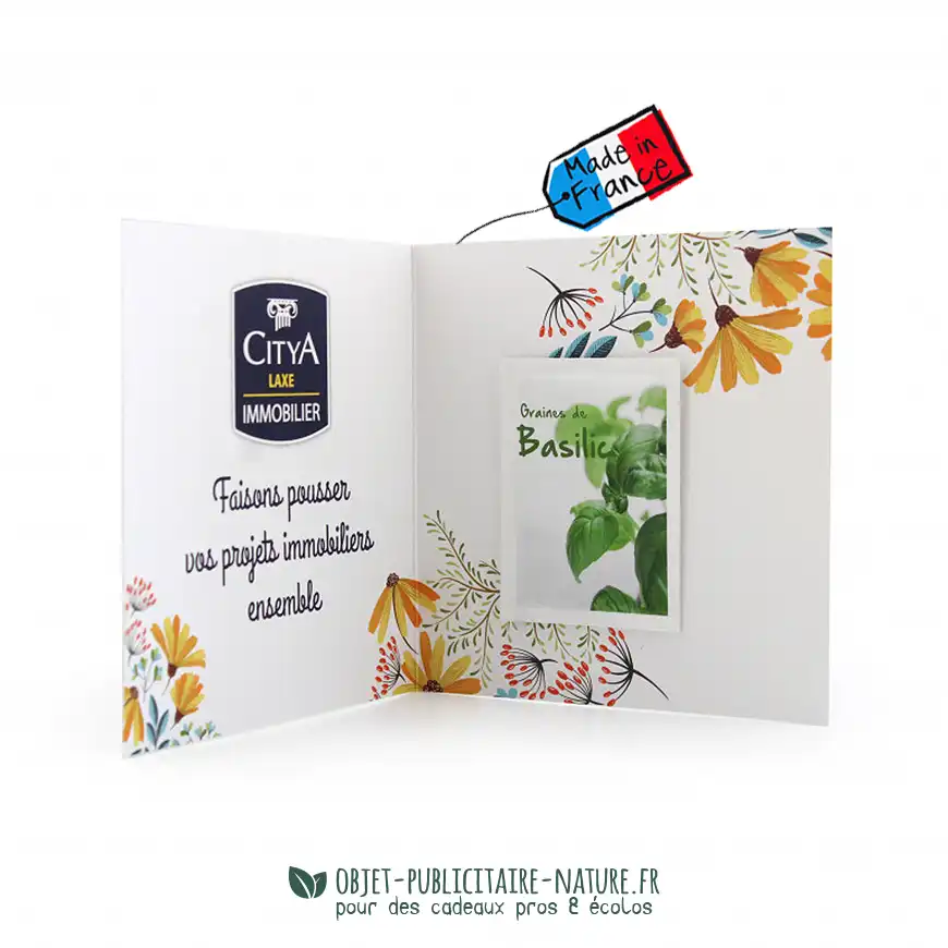Carte publicitaire format carré avec sachet ou confetti à graines à personnaliser
