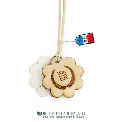 Médaille avec découpe spéciale en bois, accompagnée d'un papier ensemencé, publicitaire