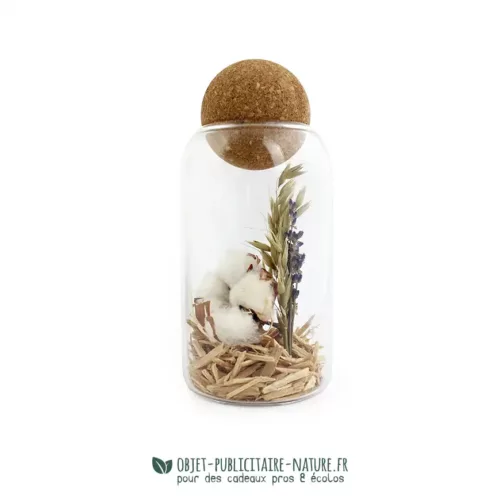 Terrarium en verre avec fleurs séchées et boule en liège personnalisable