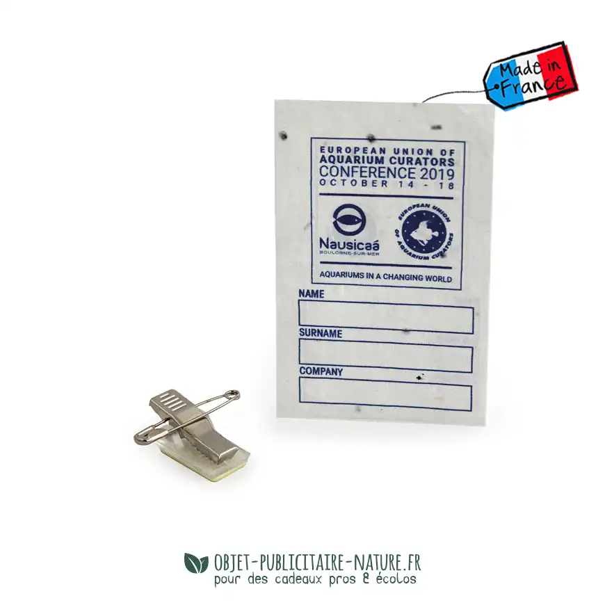 Badge publicitaire en papier graines avec pastille autocollante personnalisable