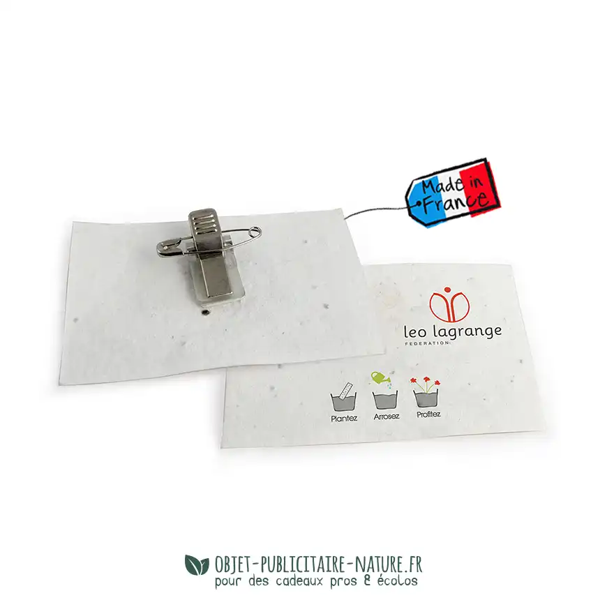 Badge publicitaire en papier graines avec pastille autocollante à personnaliser