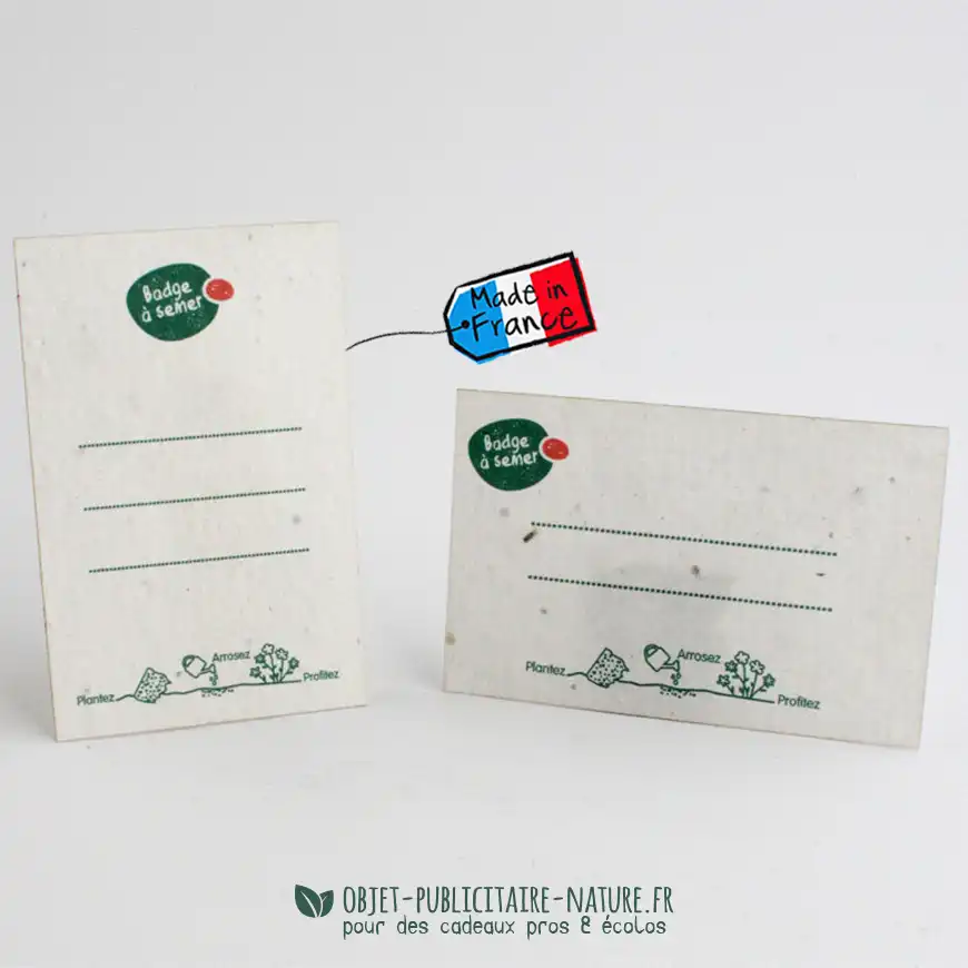 Badge publicitaire en papier graines avec pastille autocollante personnalisé