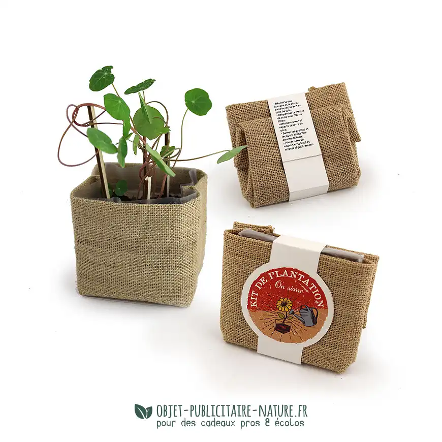 Kit de plantation de poche publicitaire avec plaquette de coco déshydratée et toile de jute