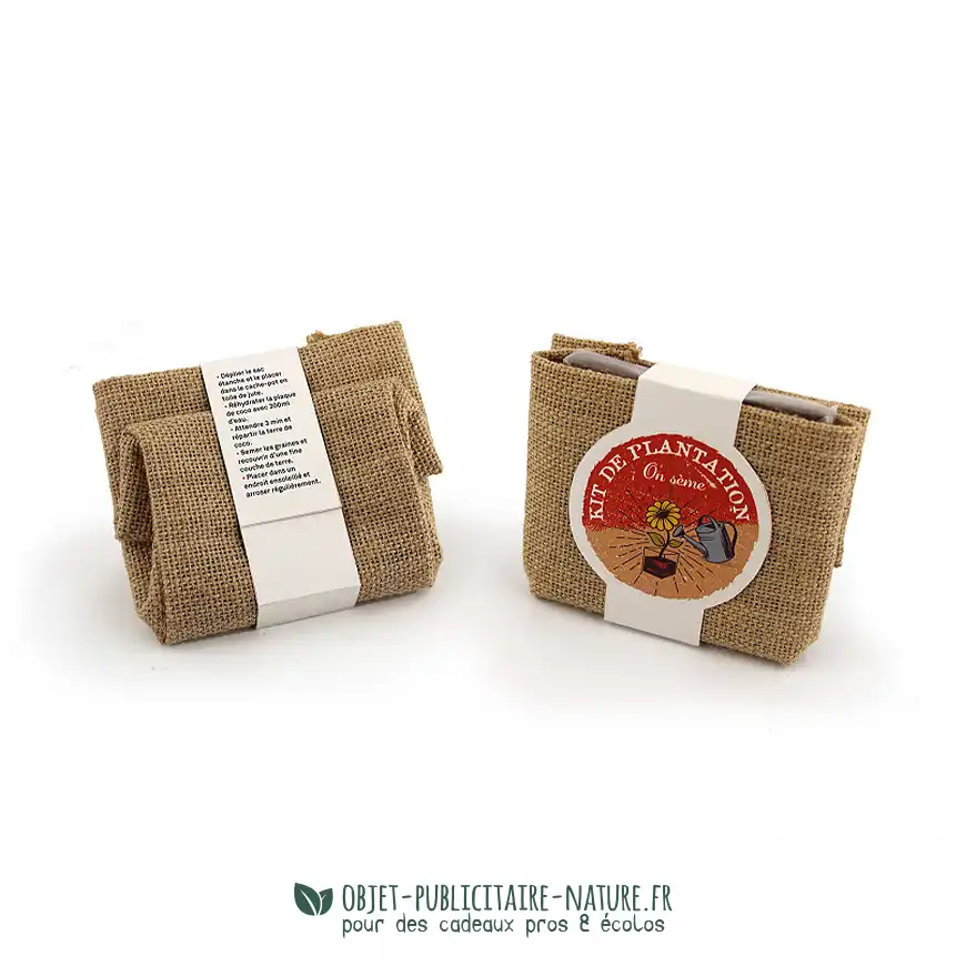 Kit de plantation de poche publicitaire avec plaquette de coco déshydratée et toile de jute personnalisable
