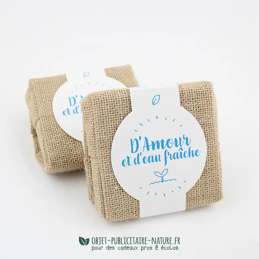 Kit de plantation de poche publicitaire avec plaquette de coco déshydratée et toile de jute à personnaliser