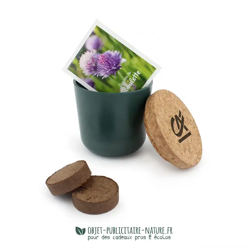 Kit de plantation publicitaire pot en fibre de bambou avec couvercle en liège et sachet de graines