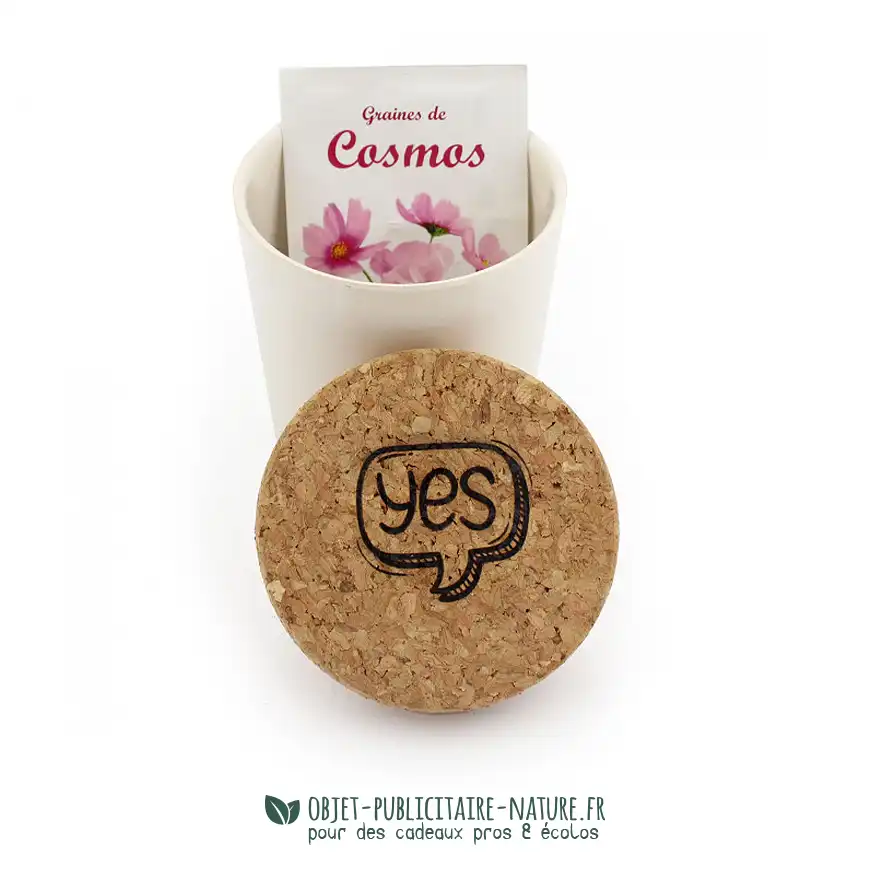Kit de plantation publicitaire pot en fibre de bambou avec couvercle en liège et sachet de graines à personnaliser