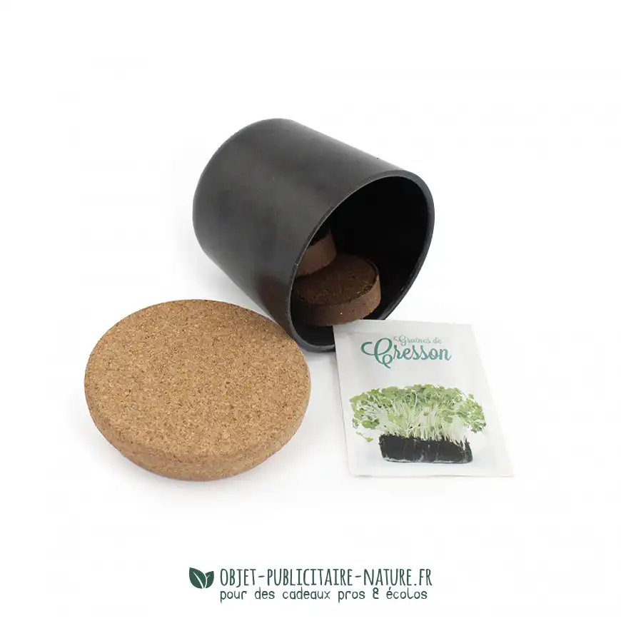 Kit de plantation publicitaire pot en fibre de bambou avec couvercle en liège et sachet de graines à personnaliser