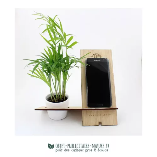 Support téléphone en bois avec plante dans pot en céramique personnalisable